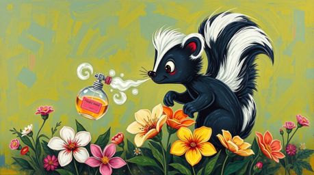This bold acrylic painting showcases a whimsical cartoon skunk spraying perfume onto delicate flowers. The artwork features a
