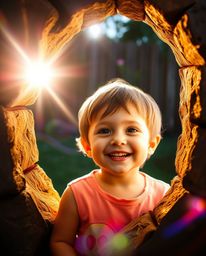 A heartwarming photograph capturing the pure joy of a child as they stumble upon a magical portal in their own backyard. The