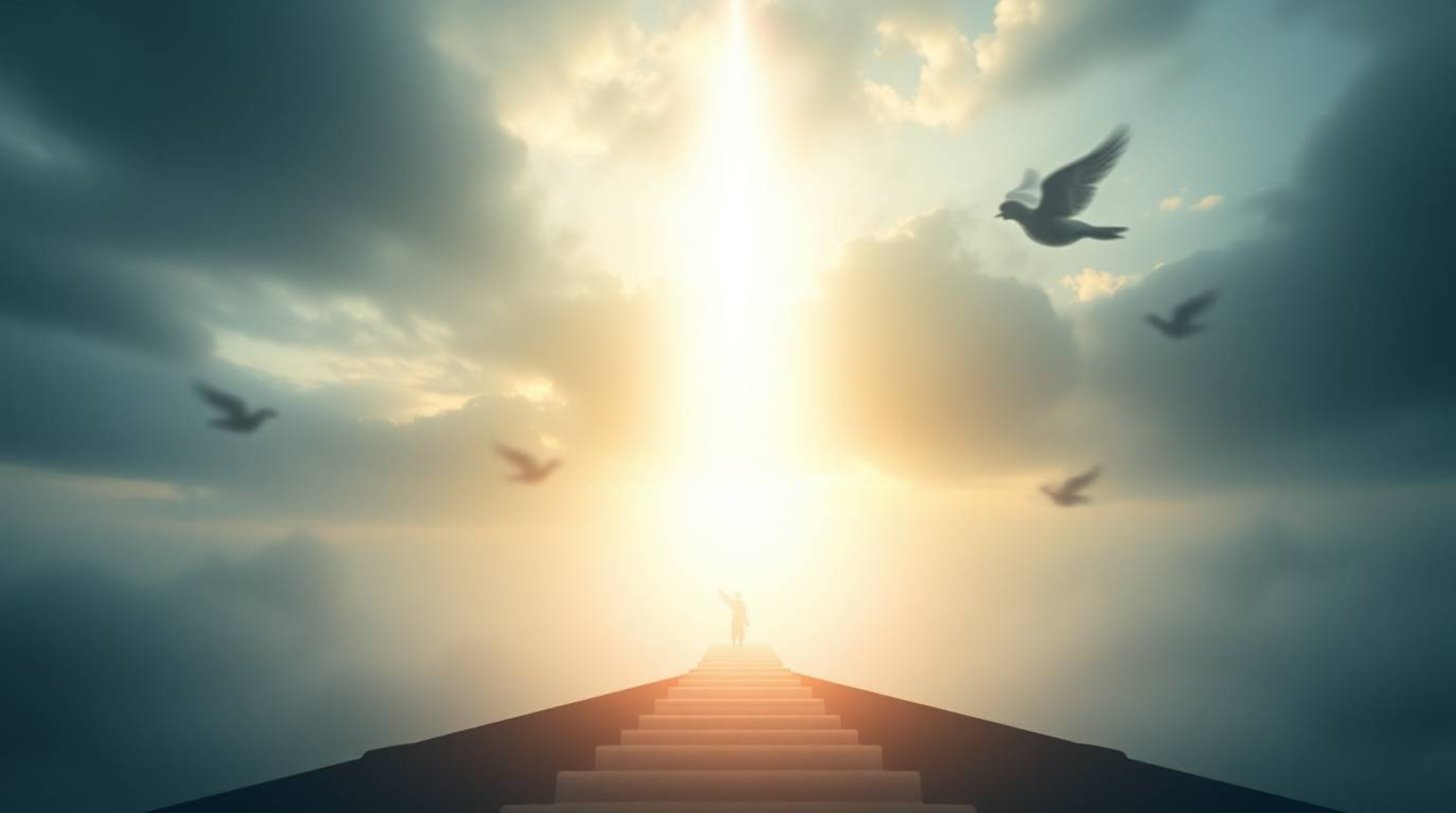 Experience a dreamlike and peaceful scene with a moody, ethereal, and spiritual vibe. Steps of light ascend into a cloudy sky