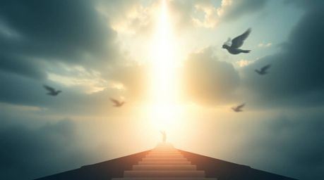 Experience a dreamlike and peaceful scene with a moody, ethereal, and spiritual vibe. Steps of light ascend into a cloudy sky