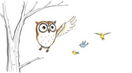 A charming hand-drawn sketch in the style of Pixar depicts a wise, blind owl gliding gracefully between trees.  With large, e