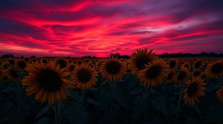 A stunning image of a sunflower field bathed in the dramatic light of a deep red and purple sunset.  High contrast, low-key l