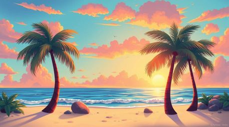 Experience the charm of a tropical beach sunset depicted in bright, vibrant colors. This adorable scene features swaying palm
