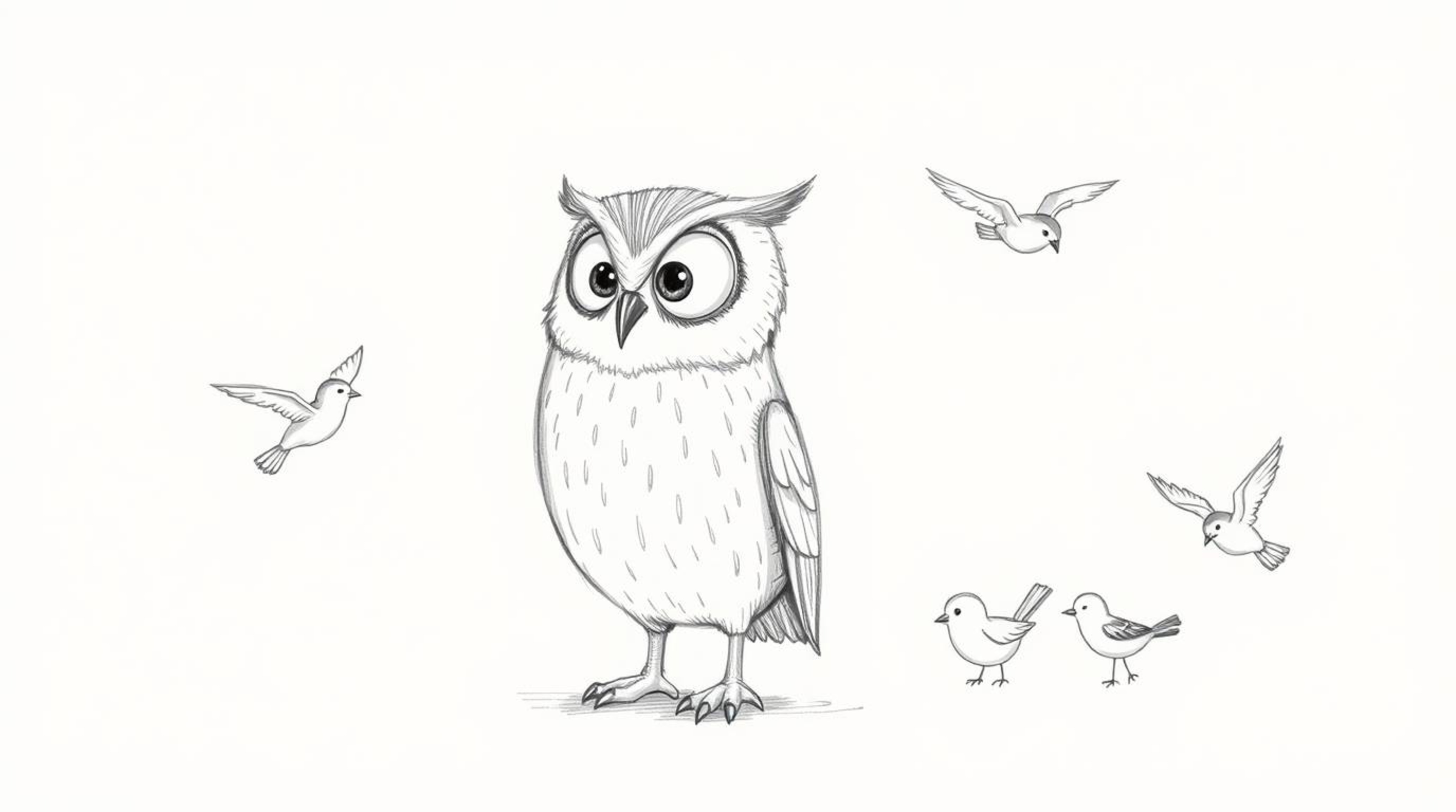 A heartwarming, Pixar-esque hand-drawn sketch portrays a wise, blind owl patiently teaching a diverse group of small birds to