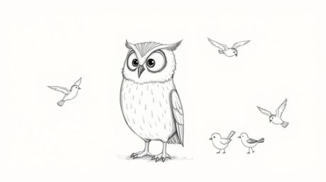A heartwarming, Pixar-esque hand-drawn sketch portrays a wise, blind owl patiently teaching a diverse group of small birds to