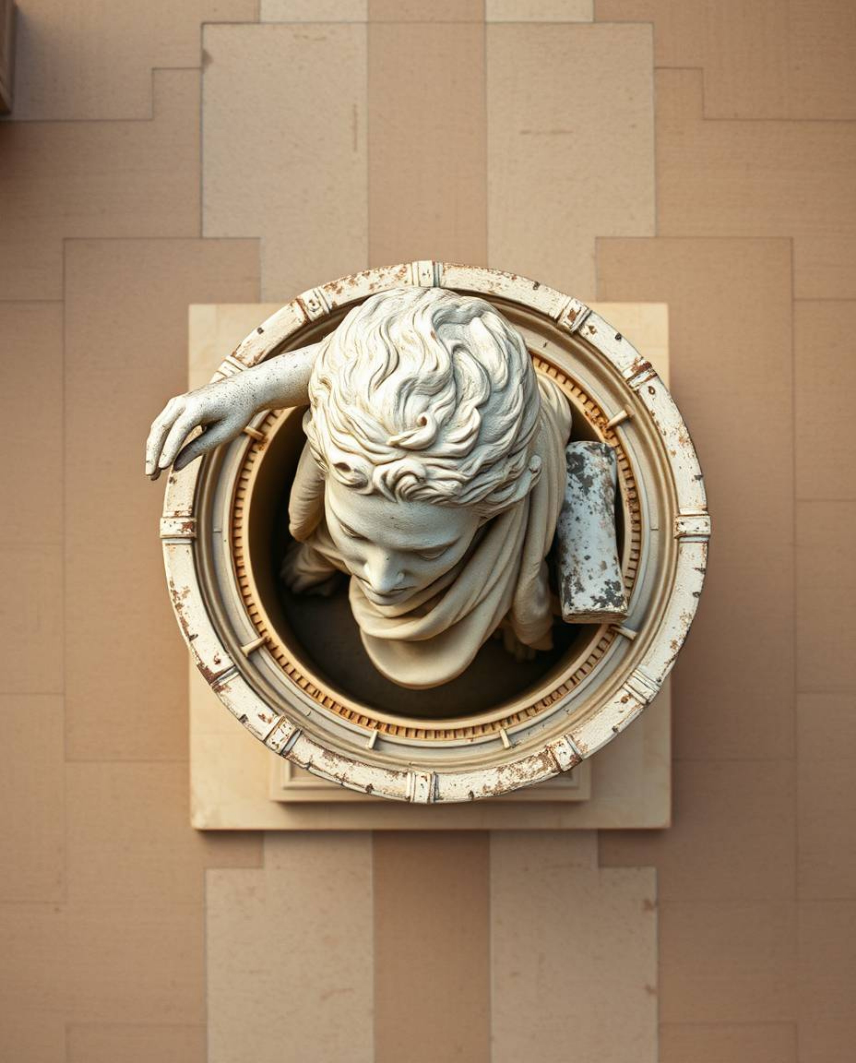 An overhead shot captures a classical sculpture imbued with a vibrant glitch effect.  The image features a captivating blend 