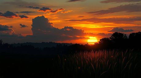 A captivating digital painting showcasing a serene sunset over a tranquil meadow as fireflies begin to illuminate the scene. 