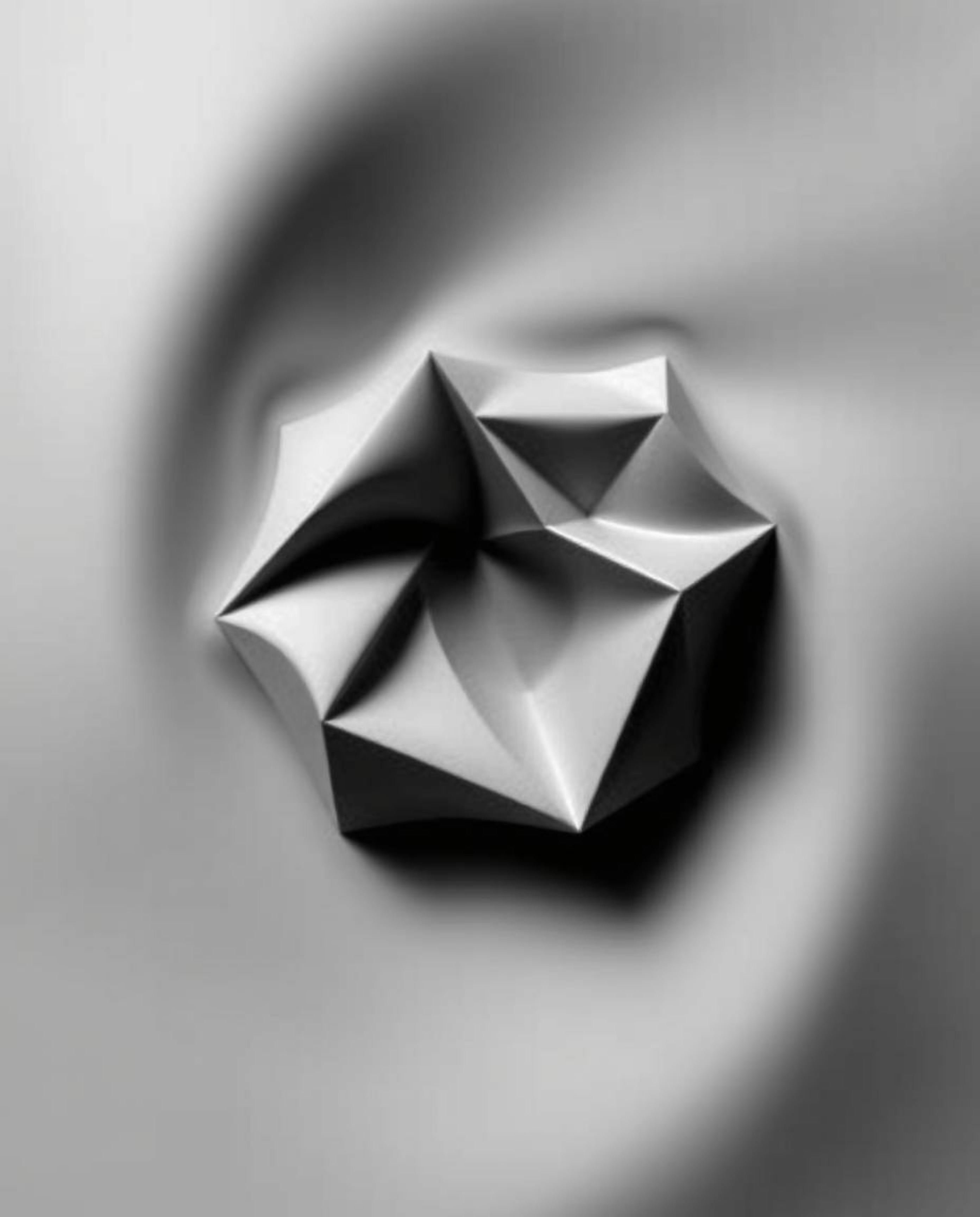 A smooth gradient transition in monochrome presents a 3D geometric pattern evocative of folded paper, crafting an eerie and u