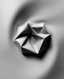 A smooth gradient transition in monochrome presents a 3D geometric pattern evocative of folded paper, crafting an eerie and u