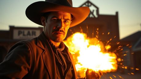 A captivating image depicting a classic TNT explosion in a Wild West setting, bathed in the warm glow of golden hour.  The sc