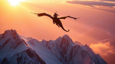A breathtaking image depicts a dragon and its rider soaring gracefully above majestic icy mountains.  Bathed in the warm glow