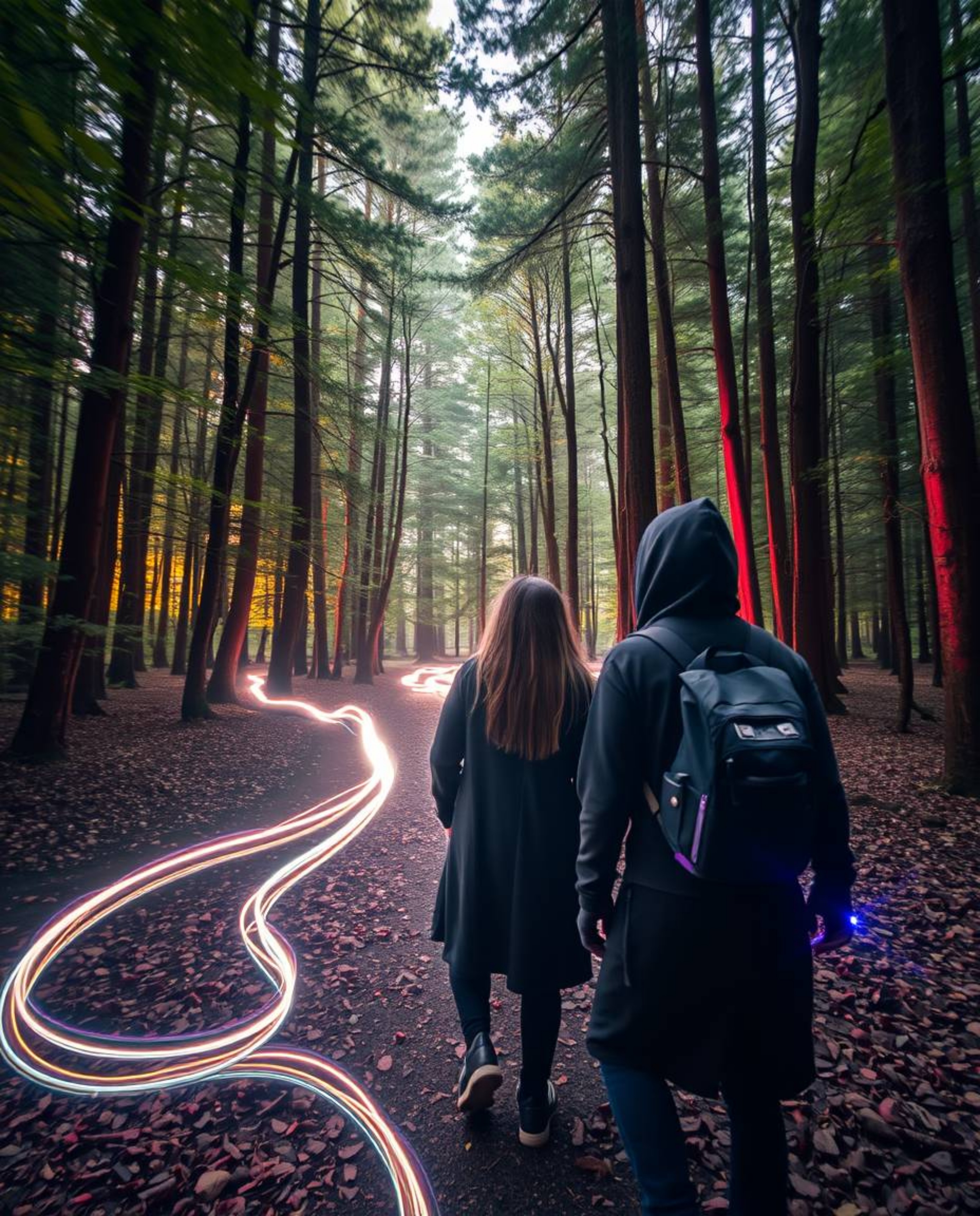 Discover a captivating long exposure photograph showcasing friends with unique powers exploring a mystical forest.  Witness e