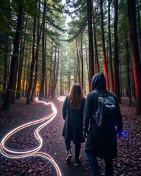 Discover a captivating long exposure photograph showcasing friends with unique powers exploring a mystical forest.  Witness e