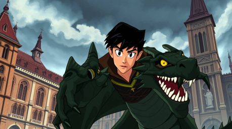 A charming prince with striking features and dark hair bravely confronts a fearsome dragon in a stunning 1950s-style animatio