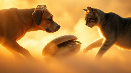 A captivating scene unfolds in a thick fog, bathed in warm golden light. A dog and cat engage in a comical yet intense fight 