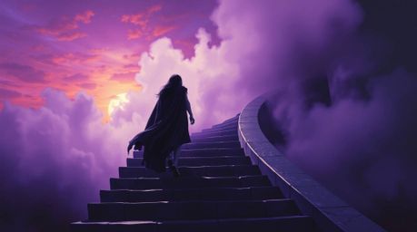 A captivating oil on canvas depicts a solitary figure with dark hair and pale skin ascending a stone staircase, bathed in dee