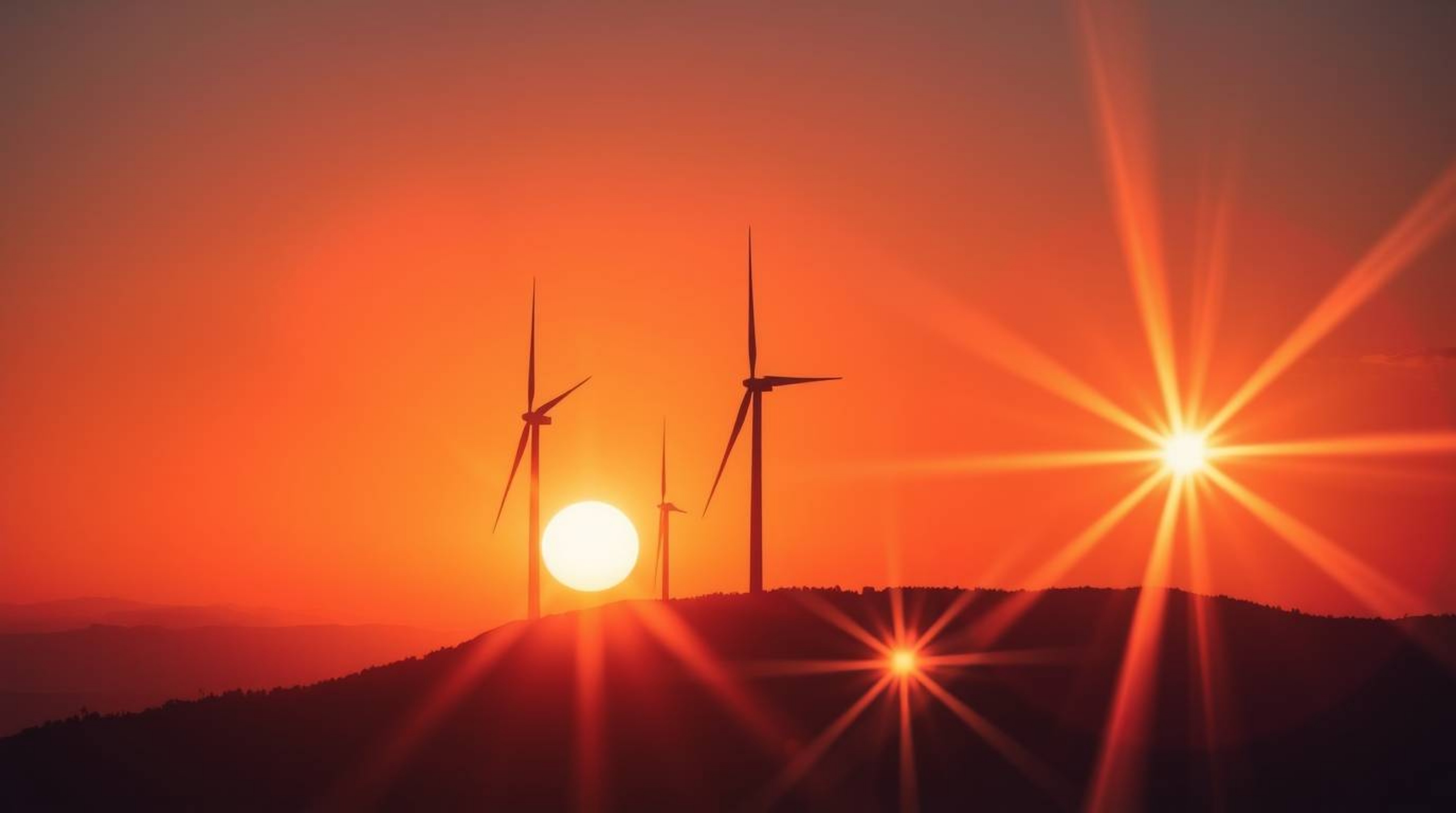 This stunning high-angle photograph captures a vibrant sunset as it paints the sky behind a row of wind turbines silhouetted 