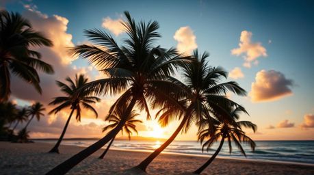 A stunning extreme close-up photograph rendered in cast bronze, capturing the beauty of a tropical beach sunset with swaying 