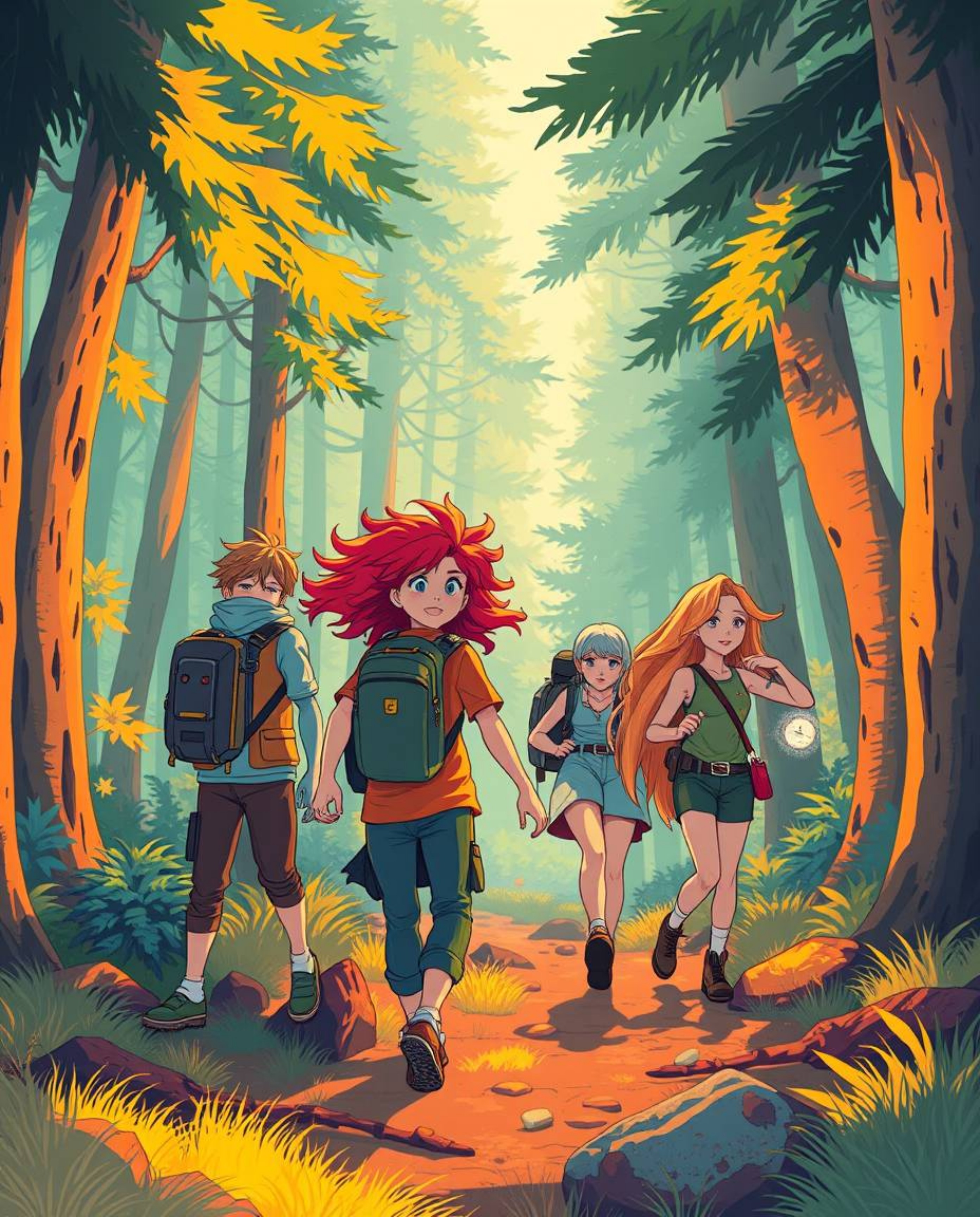 Explore a magical forest alongside a group of friends, each possessing unique and captivating powers. This vibrant illustrati