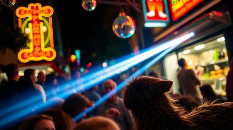 Candid street photography capturing the vibrant energy of an animal dance party under the iridescent glow of disco lights in 