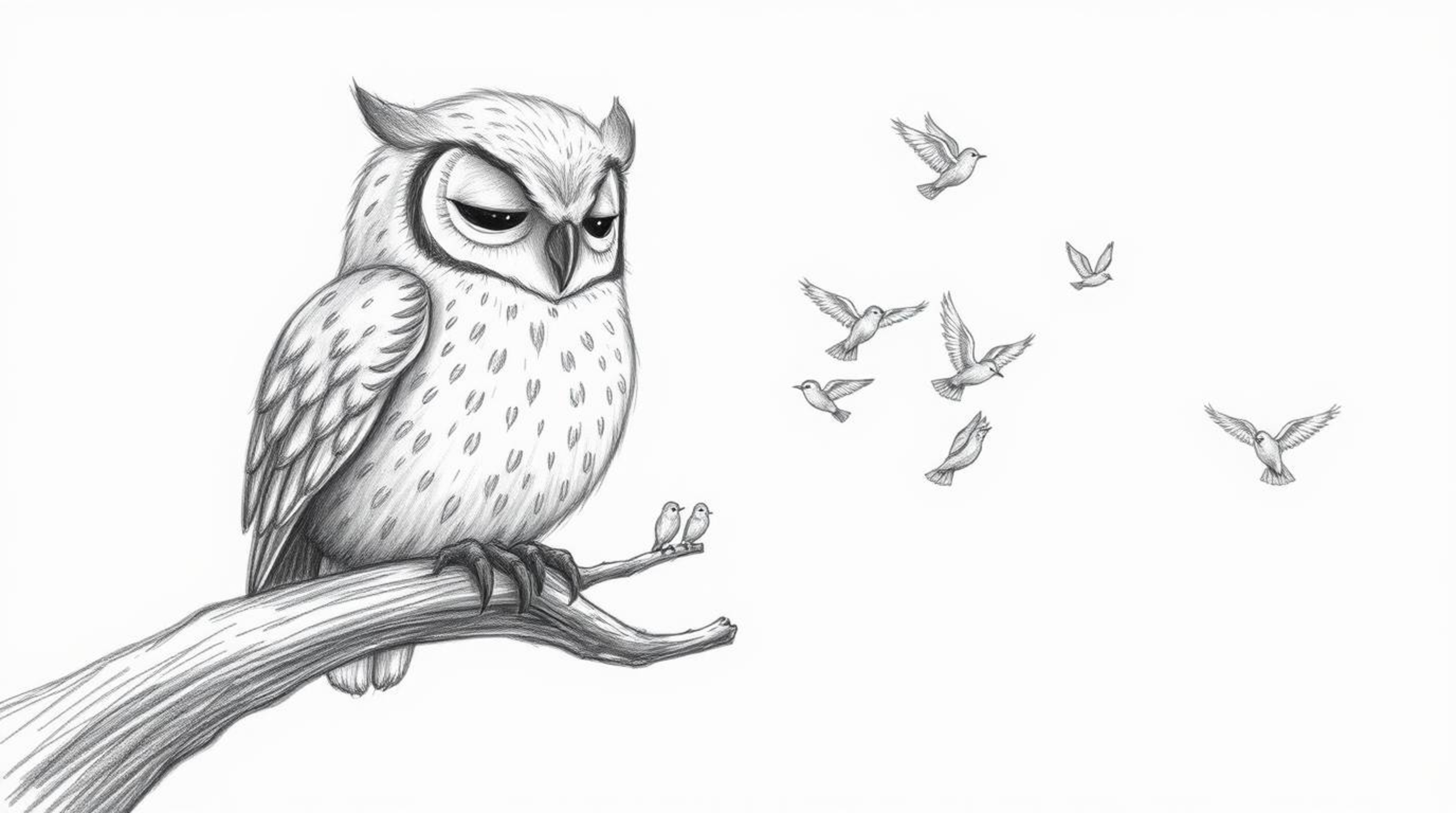A heartwarming hand-drawn sketch in the style of Pixar depicts a blind owl with soft, downy feathers, patiently teaching a fl
