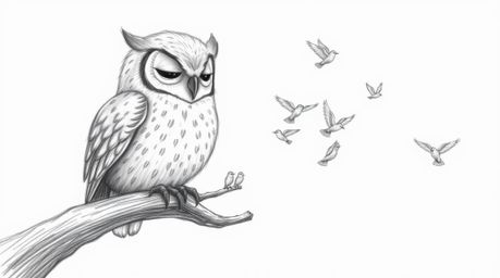 A heartwarming hand-drawn sketch in the style of Pixar depicts a blind owl with soft, downy feathers, patiently teaching a fl