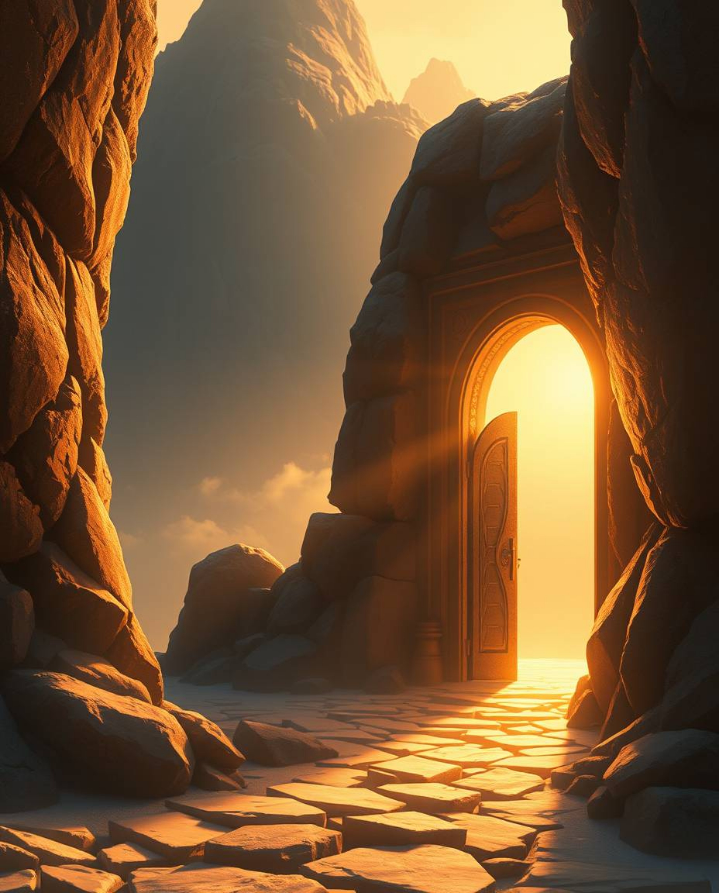 This warm, golden hour digital painting depicts an ancient doorway glowing with runes embedded in the side of a mountain.  Th