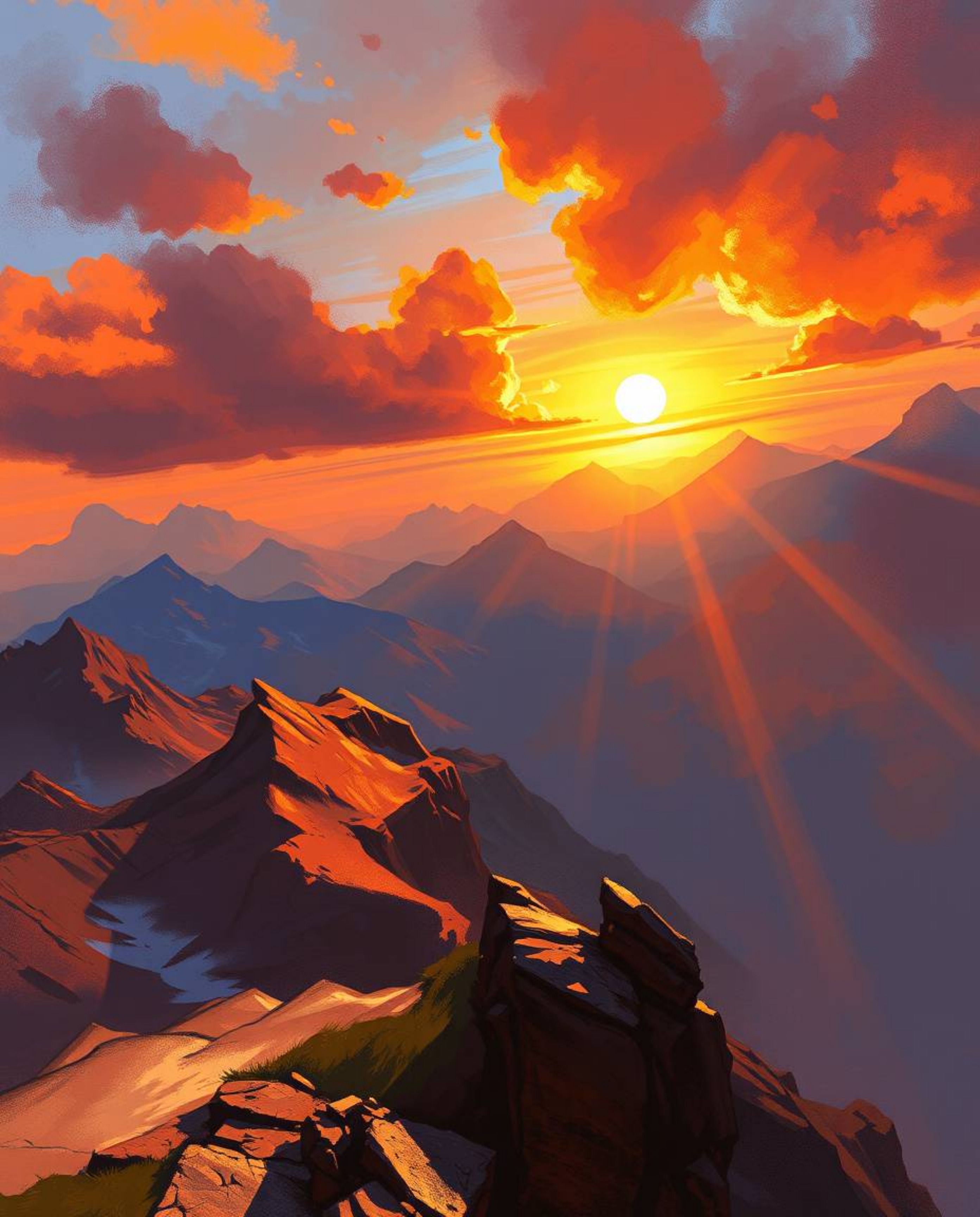 This is a dynamic digital sketch capturing a high-angle view of a sunset from an alpine peak. The artwork uses loose, painter