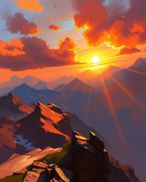 This is a dynamic digital sketch capturing a high-angle view of a sunset from an alpine peak. The artwork uses loose, painter