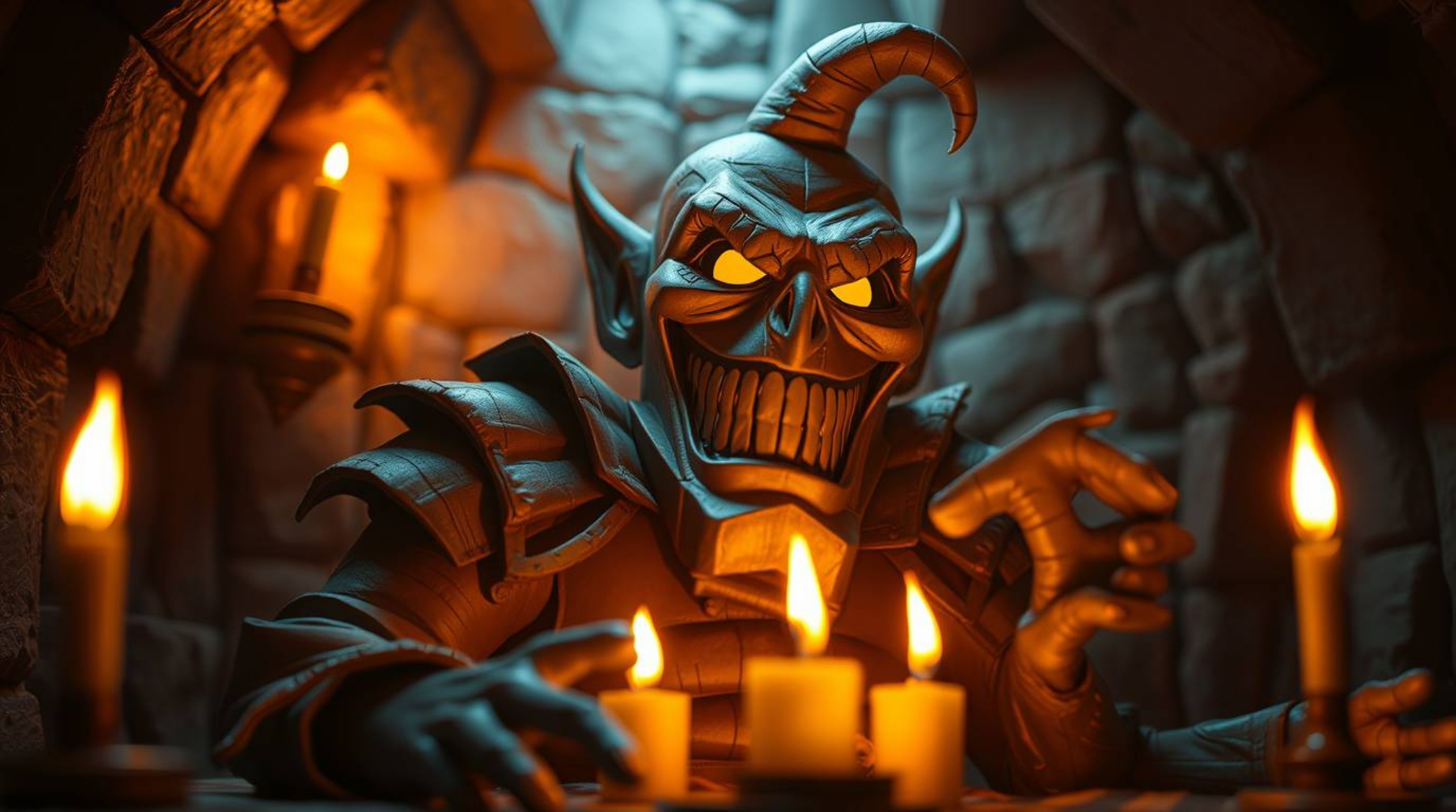 Explore a unique piece of papier-mâché artwork depicting a villain's comical breakdown, bathed in the warm, flickering glow o