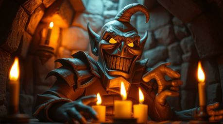 Explore a unique piece of papier-mâché artwork depicting a villain's comical breakdown, bathed in the warm, flickering glow o