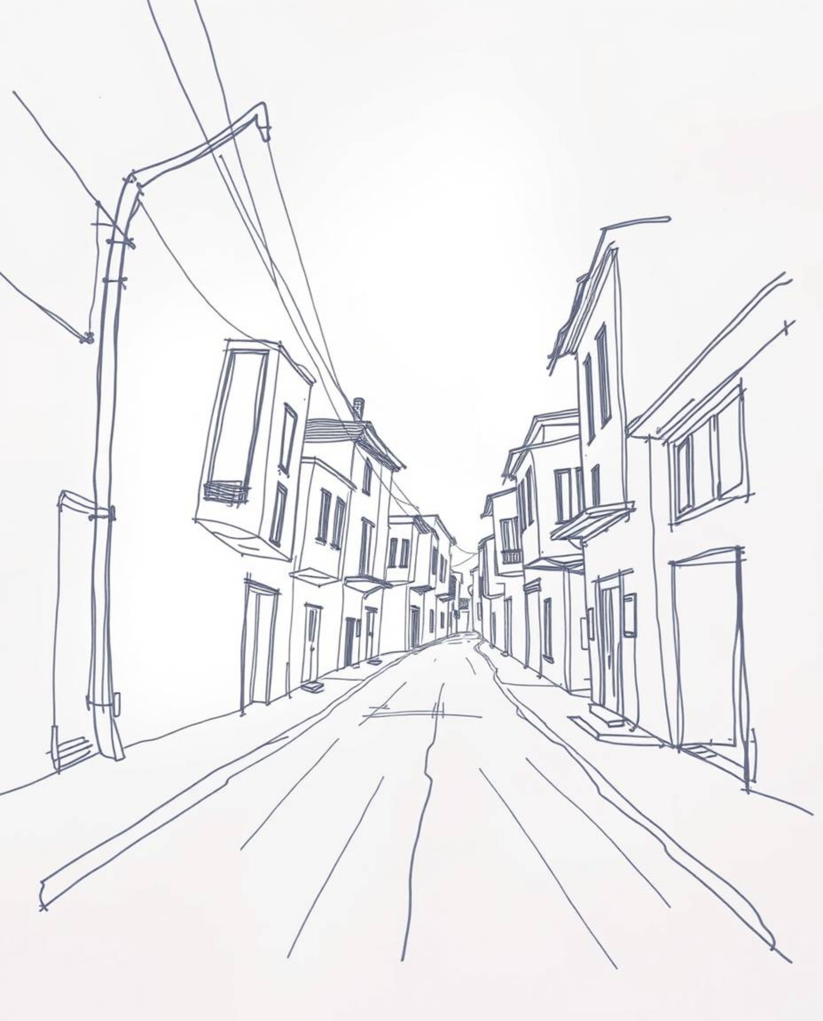 A captivating hand-drawn sketch depicts a surreal street scene where buildings fold and twist in unexpected ways.  The soft l