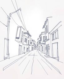A captivating hand-drawn sketch depicts a surreal street scene where buildings fold and twist in unexpected ways.  The soft l