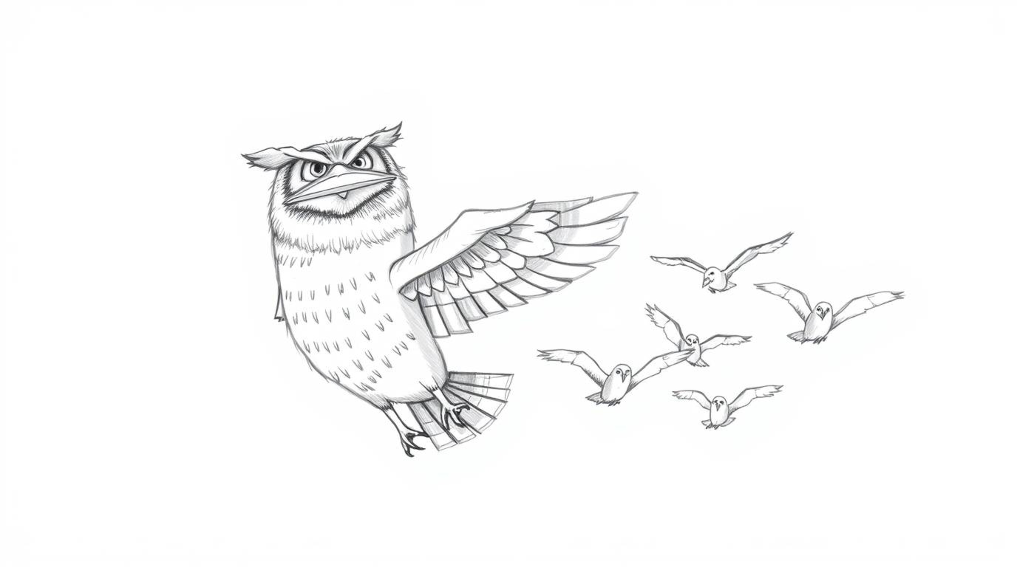 A captivating hand-drawn pencil sketch showcases a blind owl in the distinctive style of Pixar, depicted as a dedicated instr