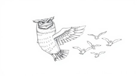 A captivating hand-drawn pencil sketch showcases a blind owl in the distinctive style of Pixar, depicted as a dedicated instr