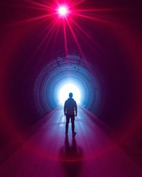This surreal infrared image captures a person standing at the edge of a tunnel, mesmerized by the light emanating from within