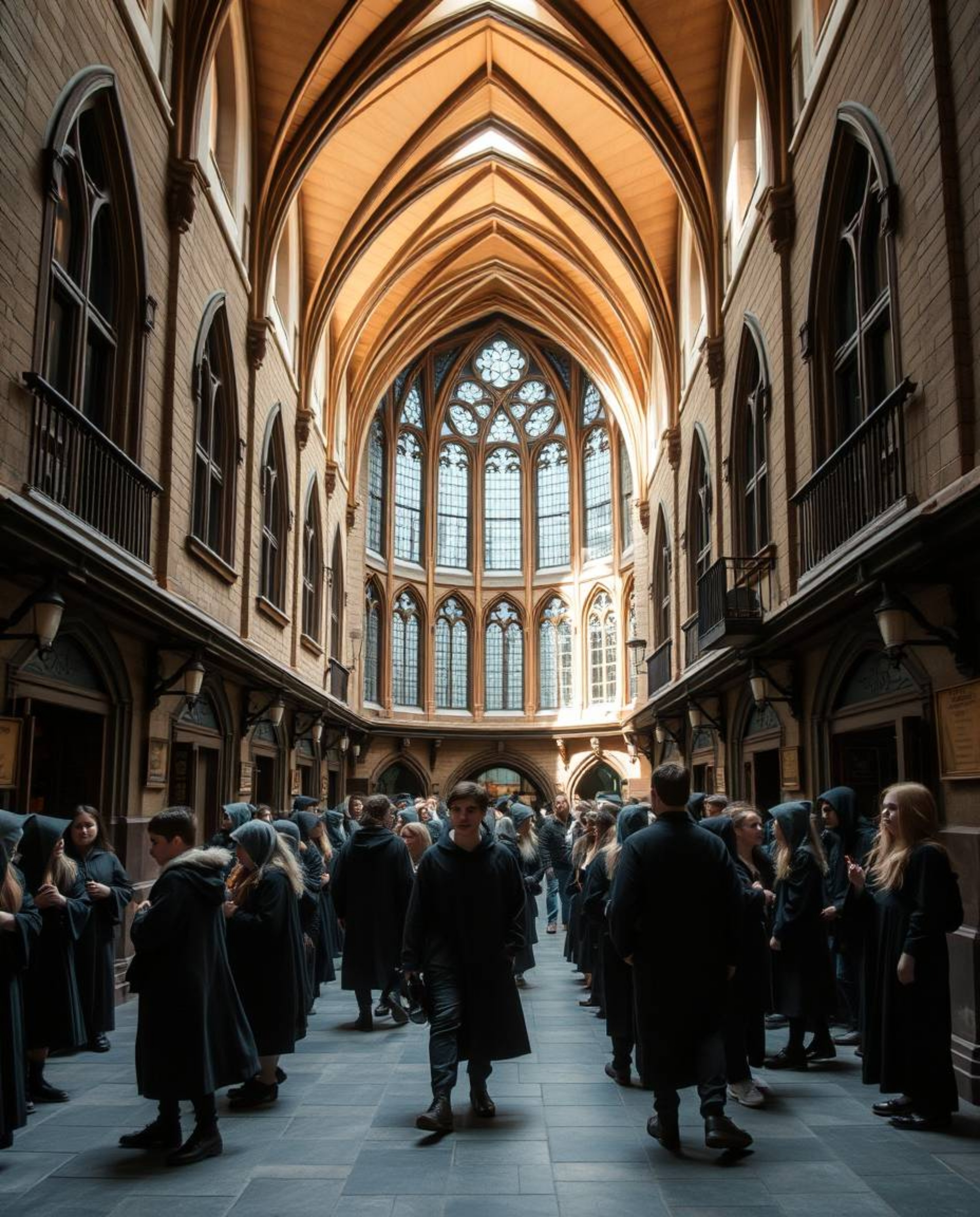 Discover a captivating architectural photograph of a magical school brimming with young wizards.  This image boasts sharp lin