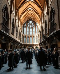 Discover a captivating architectural photograph of a magical school brimming with young wizards.  This image boasts sharp lin
