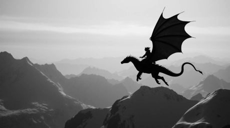 A classic black and white photograph capturing the breathtaking scene of a dragon and rider soaring above icy mountains. The 