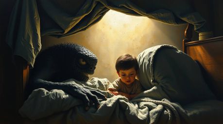 A captivating oil painting depicts an unlikely friendship between a child and a monster lurking under the bed.  Volumetric li