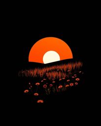 A striking logo depicting a sunset over a spring wildflower meadow, designed in a distinct split chiaroscuro style. This conc