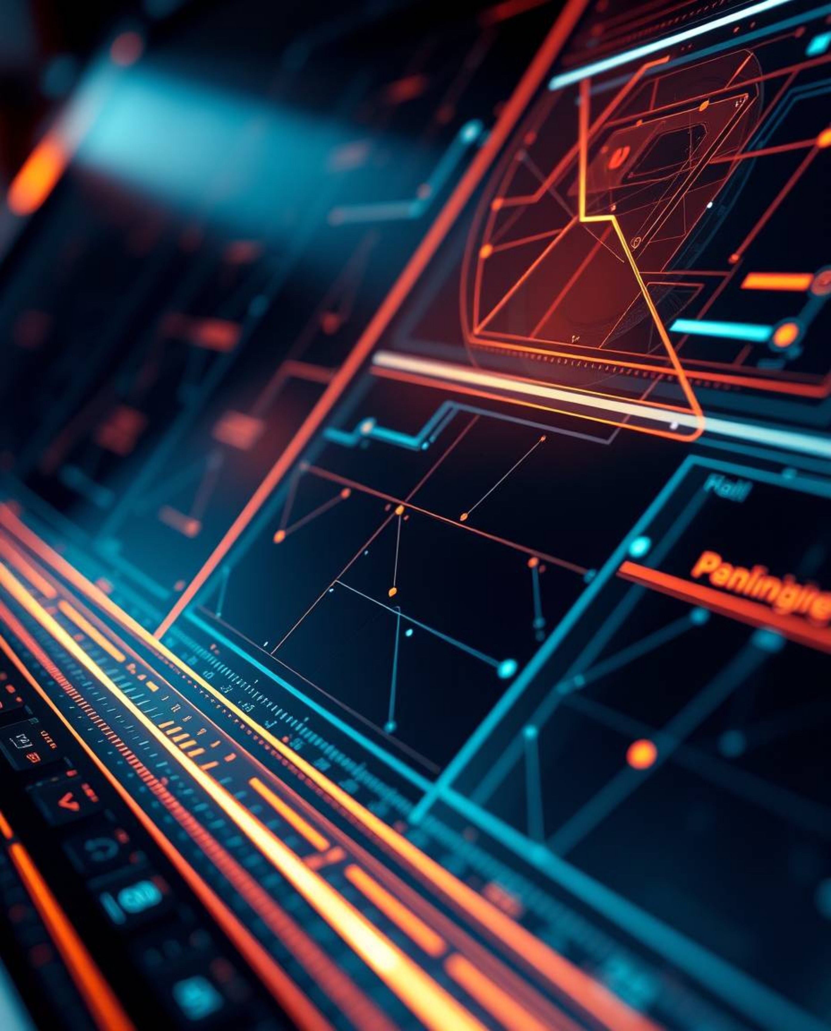 This professional fine art photograph showcases a futuristic digital interface composed of intricate geometric patterns and i