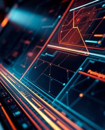 This professional fine art photograph showcases a futuristic digital interface composed of intricate geometric patterns and i