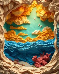 This artwork features sculpted, textured layers of papier-mâché to depict a colorful sky over a coral reef at low tide. The p