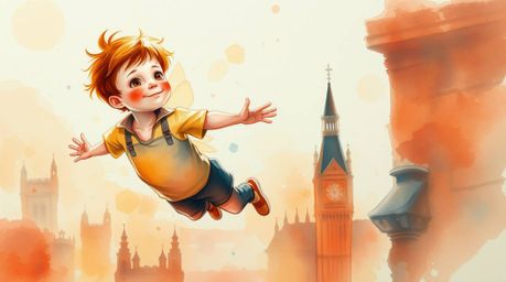 A whimsical watercolor painting depicts a young boy with rosy cheeks, soaring above the London skyline with magical pixie dus
