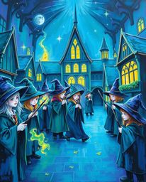 Immerse yourself in the vibrant world of a magical school filled with young wizards, depicted in a bold acrylic painting styl