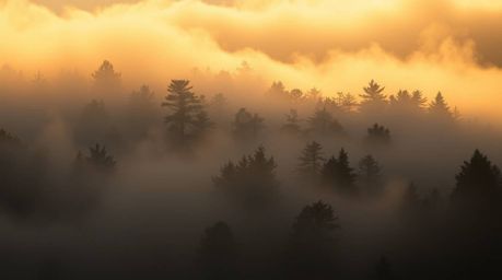 A moody depiction of mist rising from a forest during golden hour, showcasing a graceful and elegant scene. The image emphasi