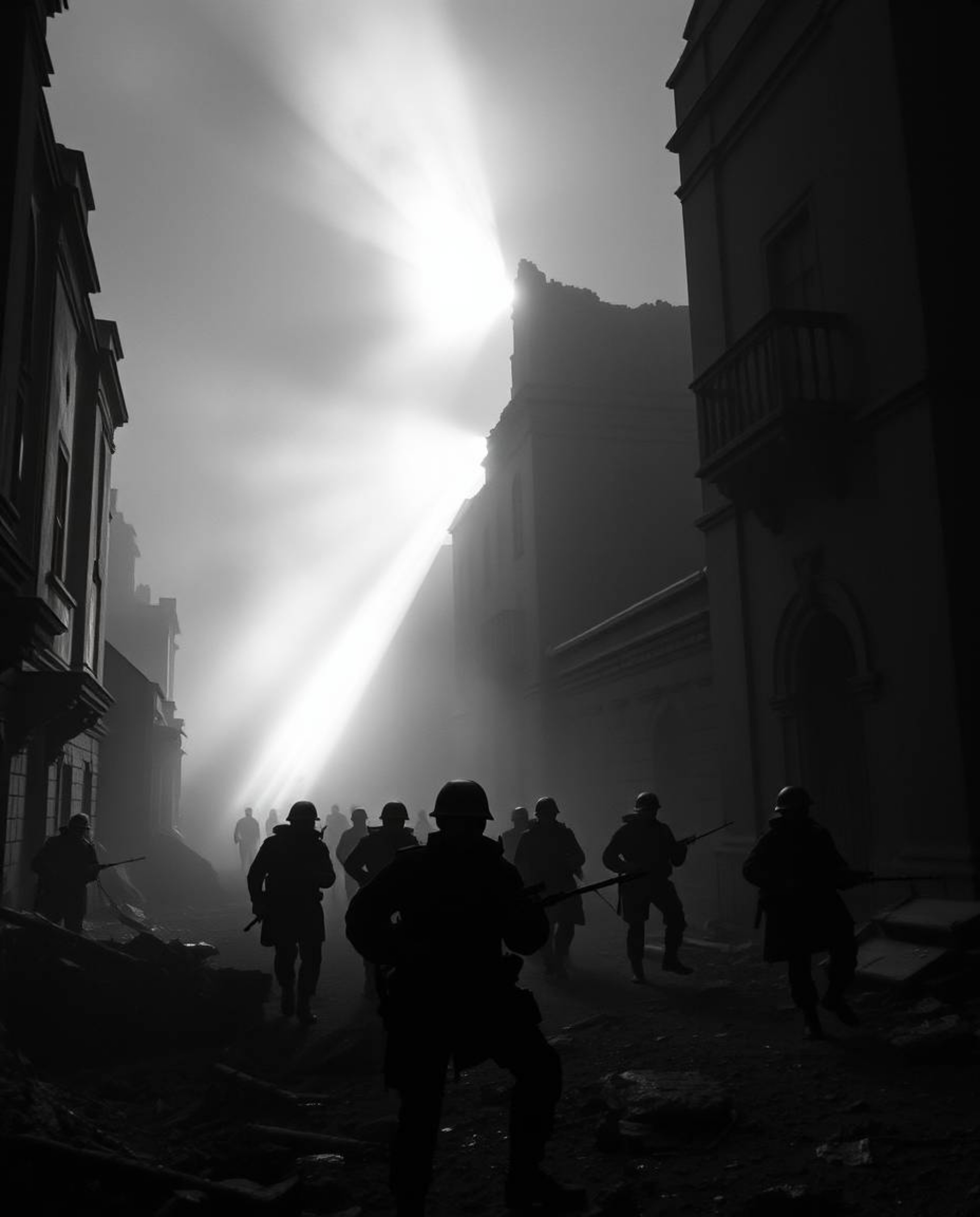 A stunning black and white scene featuring volumetric lighting that accentuates time-warped soldiers amidst crumbling buildin
