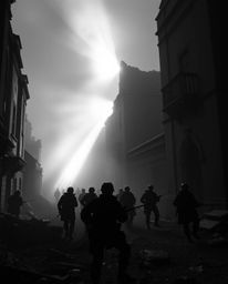 A stunning black and white scene featuring volumetric lighting that accentuates time-warped soldiers amidst crumbling buildin