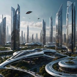 Imagine a breathtaking futuristic city where flying vehicles zip through the air, sleek transparent skyscrapers pierce the cl
